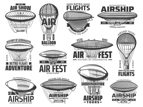 Air show, flight tours and aeronautics history retro icons. Vintage air balloons, antique dirigible airship with gondola and propellers engraving vectors set. Air travel, airship festival emblems