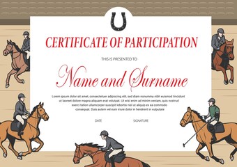 Certificate of participation in horse race, winner diploma vector template. Stallion racing award border design with horse riders on hippodrome. Victory celebration diploma or best result achievement