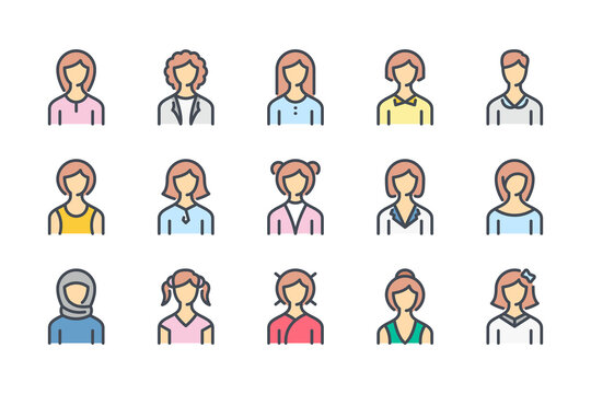 Woman face avatar color line icon set. Different female profile pictures linear icons. Portrait of girls and women with hair and clothing variations colorful outline vector sign collection.