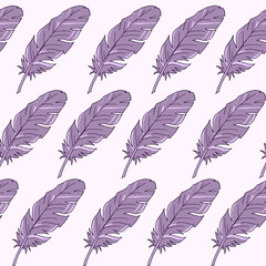 Seamless background with feathers. The pattern is seamless. Vector illustration. Hand-drawn. Lots of feathers. Stock vector illustration. Purple feathers in a row.