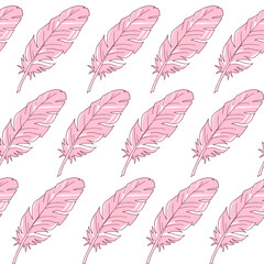 Seamless background with feathers. The pattern is seamless. Vector illustration. Hand-drawn. Lots of feathers. Stock vector illustration. Pink feathers in a row.