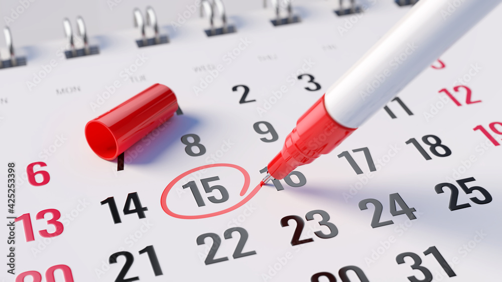 Fototapete Concept of important day, reminder, organizing time and schedule - red marker pen marking day of the month on a calendar. 3d rendering