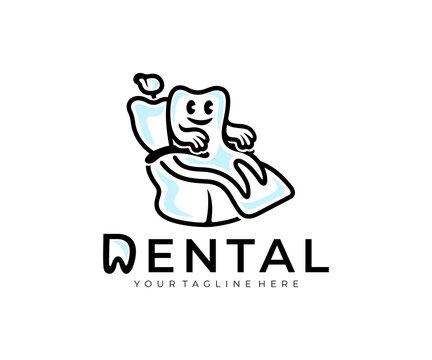 Tooth is sitting on the dental chair, dental surgery, logo design. Dental care, dental clinic, medicine and healthcare, vector design and illustration