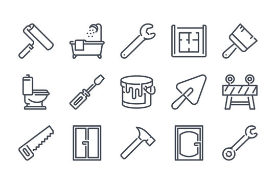 Renovation and home repair line icon set. Building tools and equipment linear icons. Construction site and house improvement outline vector sign collection.