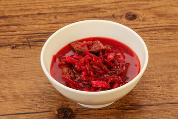 Russian traditional Borsch soup with cabbage