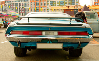 American clasical muscle car 1970. Back view.