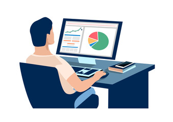 Fototapeta na wymiar A man sitting at home works at a computer and watch the growth chart and profit analysis. Working from home vector illustration in simple modern style
