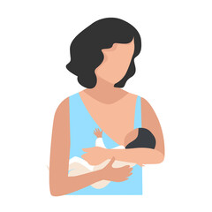 Vector illustration of a happy young mother breastfeeding her newborn baby. Happiness of motherhood, mother's day, happy childhood isolated on white background.