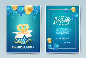 Naklejka premium 92nd years birthday vector invitation double card. Ninety two years wedding anniversary celebration brochure. Template of invitational for print on blue background