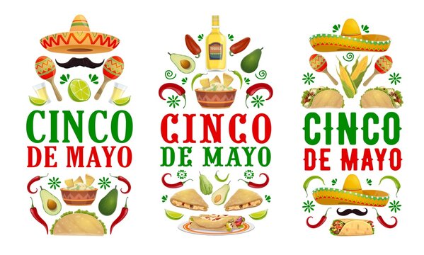 Cinco de Mayo food and drink vector banners with Mexican holiday fiesta party sombrero hats and maracas. Tacos, burritos and avocado guacamole with corn tortilla nachos, red chilli or jalapeno peppers