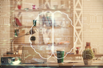 Double exposure of brain drawing and office interior background. Concept of data technology.