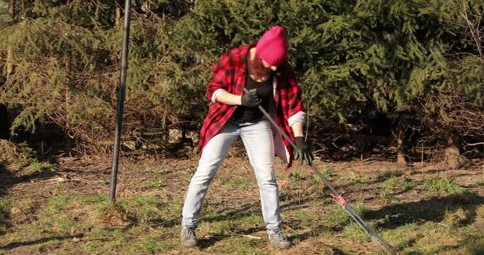 Gardener woman rake leaves dry grass garden lawn meadow spring, Cleaning with rake tool dry grass in the spring, after melting snow. Woman wearing red plaid shirt working in the garden .
