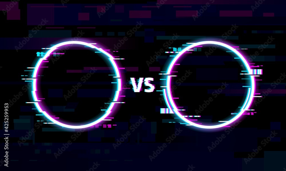 Poster versus or vs glitch frames with vector distorted pixels of neon borders and digital noise background