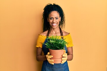 Middle age african american woman holding plant pot smiling with a happy and cool smile on face....