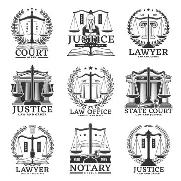 Justice icons, lawyer or notary service office and law court vector emblems. Legislation, jurisprudence and legal department signs of justice scales, judge and law book with courtroom gavel and laurel