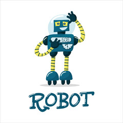 Happy funny cartoon childish robot wave hand, say hello. Cute kid cyborgs, retro, futuristic modern bots, smiling characters in flat vector illustration isolated on white background.