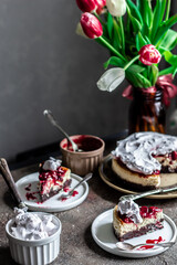 Cherry cheesecake. Not the whole cake is in focus. 