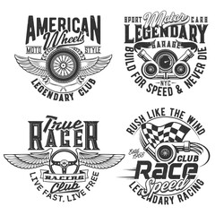 Races club t-shirt prints, speed wheel and wings, vector icons. Motorcycle races, bikers club, motorbike riders and speedway rally sport, American legendary garage engine sign for t shirt prints