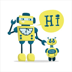 Set of happy funny cartoon childish robots wave hand, say hello. Cute kid cyborgs, retro, futuristic modern bots, smiling characters in flat vector illustration isolated on white background.