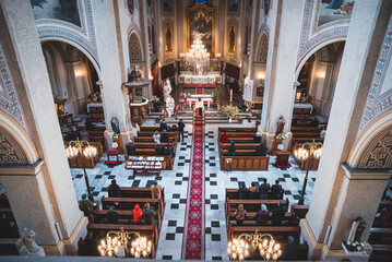 Catholic cathedral, Easter celebration with decorations and priests