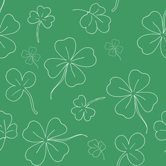 Seamless pattern with clover. The leaves of the clover. Contour background. White line. The green pattern. Vector illustration. Stock vector.