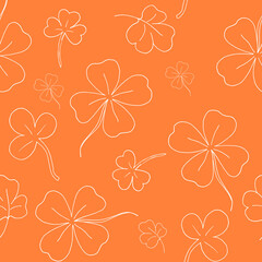 Seamless pattern with clover. The leaves of the clover. Contour background. White line. Orange pattern. Vector illustration. Stock vector.