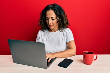 Beautiful middle age woman working at the office using computer laptop thinking attitude and sober expression looking self confident