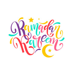 Fototapeta na wymiar Ramadan Kareem colorful hand drawn lettering with moon and stars, vector illustration