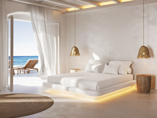 3d Mediterranean Greek island style allwhite bedroom with unique style and a view to the aegean sea	
