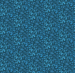 Curl seamless pattern. Blue night floral pattern for textile, cloth, wrapping paper, cover book. Vector illustration