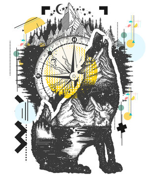 Wolf and mountains double exposure. Symbol of tourism, travel, adventure and outdoor. Zine culture concept. Hand drawn vector glitch tattoo, contemporary cyberpunk collage. Vaporwave art