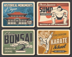 Japanese sports, religion and traditions retro banners. Sumo wrestlers championship, karate fighters school and bonsai tree growing courses, japan temple, Mount Fuji touristic landmark vintage posters © Vector Tradition