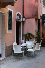 Fototapeta na wymiar Street cafe in the center of Monterosso, Cinque Terre. Liguria, Italy