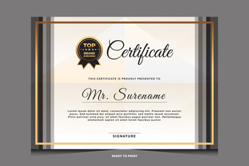Certificate of appreciation template, gold and blue color. Clean modern certificate with gold badge.
