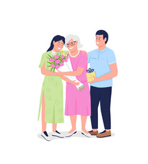Grandmother with adult grandchildren flat color vector detailed characters. Elderly mom with son and daughter. Mothers day isolated cartoon illustration for web graphic design and animation