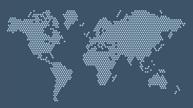 Dark blue hexagonal pixel world map. Vector illustration planet Earth continents hexagon map.
