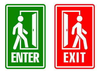 Man enters and exits the room through the door. Entry and exit sign. Vector
