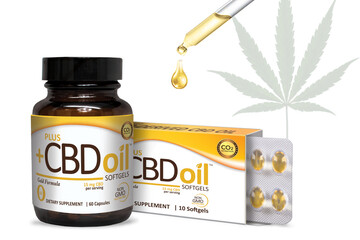 cbd oil bottle and capsule medical cannabis on white background 
