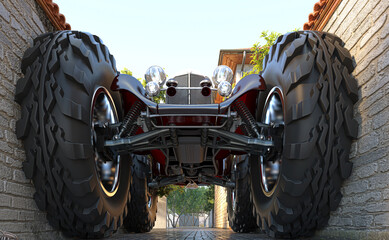 Vintage steampunk car, old car from 1900 with giant wheels, stuck in a narrow alley, extreme tuning © LaCozza