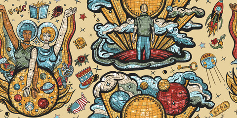 Exploration of Mars planet. Universe and people. Retro background. Space program. Multicultural study of deep space. Astronaut, dreamer and women scientists. Soviet Union mosaic pattern