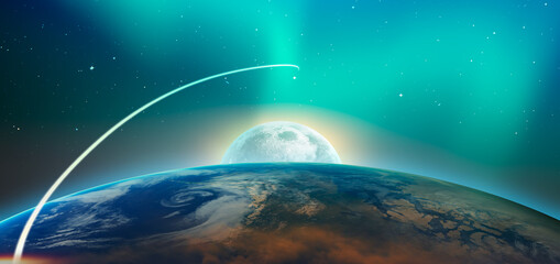 Long Exposure Night Time Rocket Launch - Night sky with blue moon in the clouds 