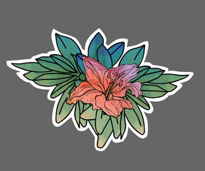 Beautiful orange lily with bunch of leaves isolated on the white background. Vector watercolor illustration