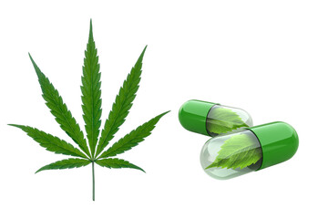 medical cannabis leaf cbd oil capsule on white background.