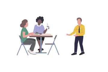 Employees on lunch break flat color vector faceless character set. Corporate workers eating dinner. Woman and man isolated cartoon illustration for web graphic design and animation collection