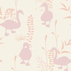 Beautiful seamless pattern with white swans and herbs  silhouette illustration on light background.