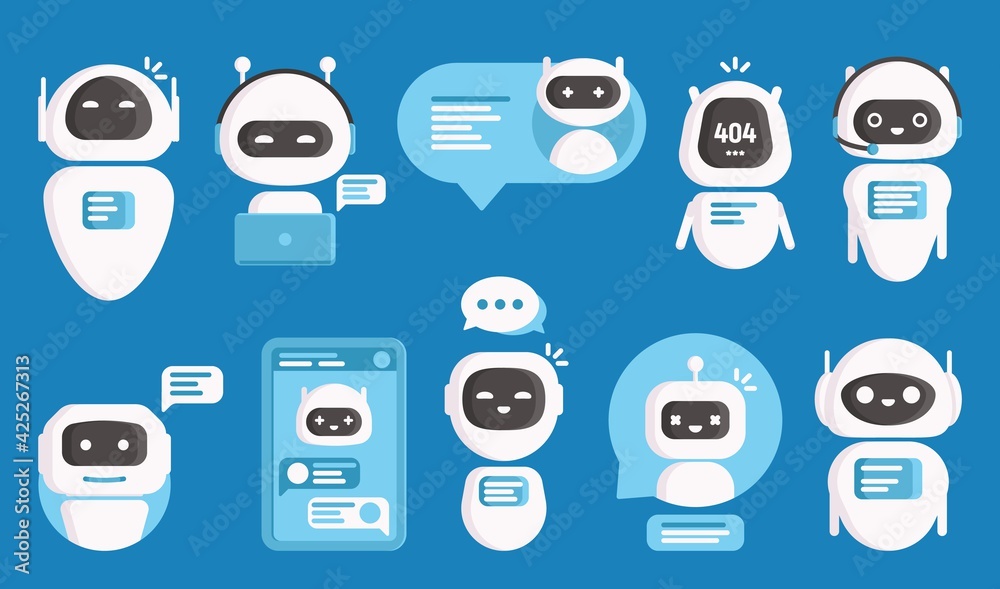 Poster chatbots or ai chat bots, vector artificial intelligence and future smart technology. flat android r