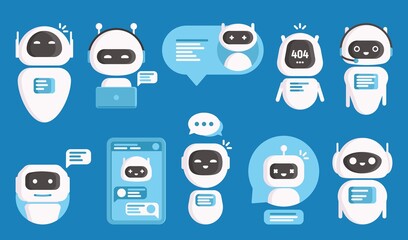 Chatbots or ai chat bots, vector artificial intelligence and future smart technology. Flat android robots of online customer support, virtual assistant with speech bubbles, mobile app interface screen - obrazy, fototapety, plakaty