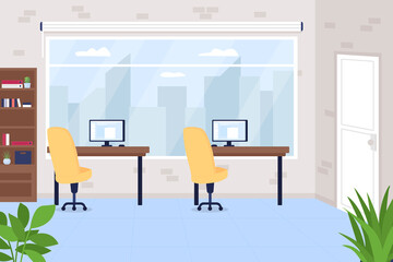 Office workspace flat color vector illustration. Job position, work in company. Corporate space. Computers on desk. Workplace for marketing team 2D cartoon interior with furniture on background