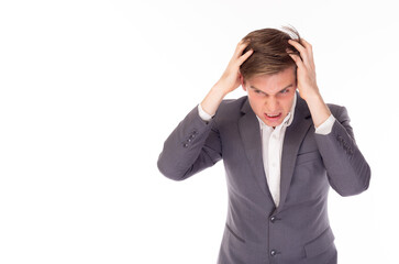 Portrait frustrated and angry business man in panic standing over isolated on white background Serious Exhausted work stressed Expression face concept Guy touching on head feeling tired suffering work