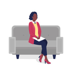 African american professional woman flat color vector faceless character. Interview for job. Employee sitting on couch isolated cartoon illustration for web graphic design and animation